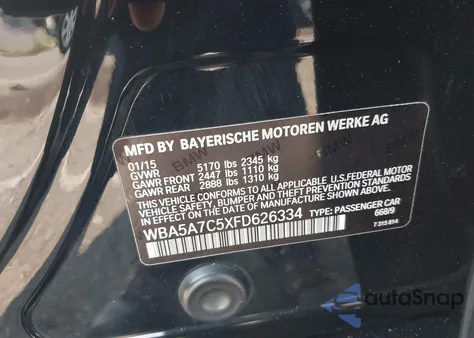 2015 BMW 528I xDrive из США, поврежденный, VIN WBA5A7C5XFD626334